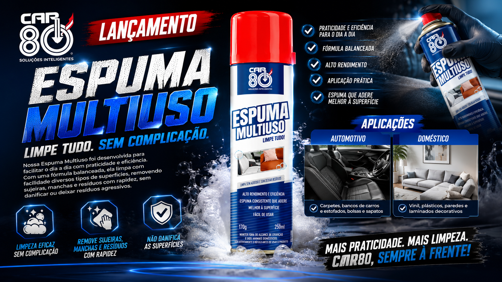 Leia mais sobre o artigo Espuma Multiuso Limpa Tudo CAR80: A Solução Prática para uma Limpeza Profunda em Casa e no Automóvel