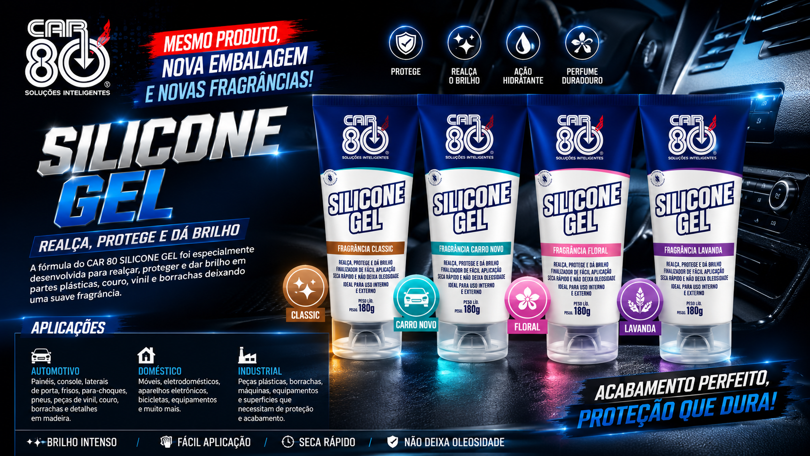 Leia mais sobre o artigo Silicone Gel CAR80 Agora com Nova Embalagem e 4 Fragrâncias: Mais Brilho, Proteção e uma Experiência Ainda Melhor