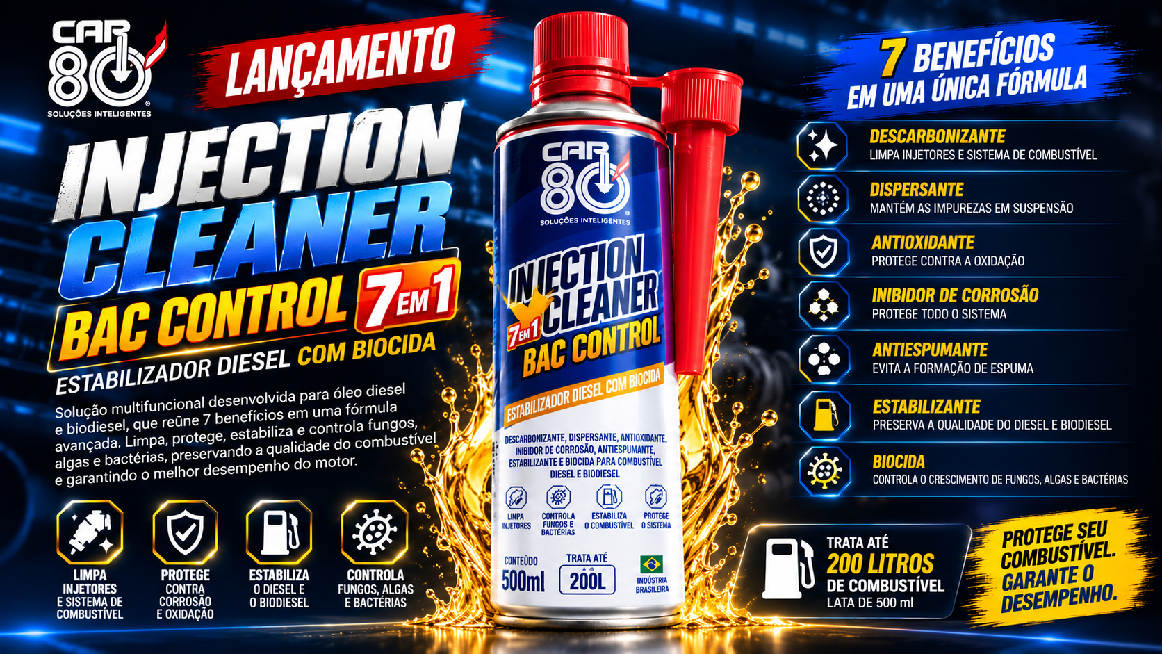 Leia mais sobre o artigo Diesel e Biodiesel Mais Protegidos! Conheça o Novo CAR80 Injection Cleaner BAC Control 7×1 com Biocida